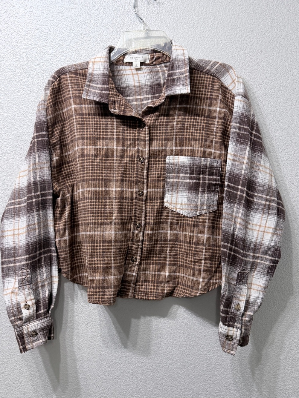 No Comment NY•LA Women’s Size L Plaid Flannel Brown Oversized Cropped Shirt Y2K